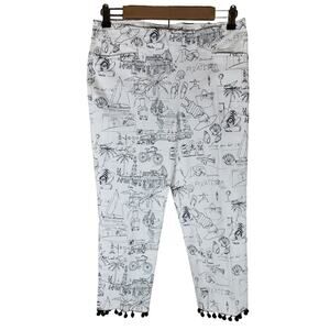 CHICO'S White Black "Summer Vacation" Loose Black Tassels Capris SZ 1P (US 8P)